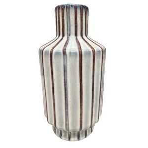 Old East Main Co Ceramic Bud Vase Cream Brown Blue Striped Ribbed Excellent 8in